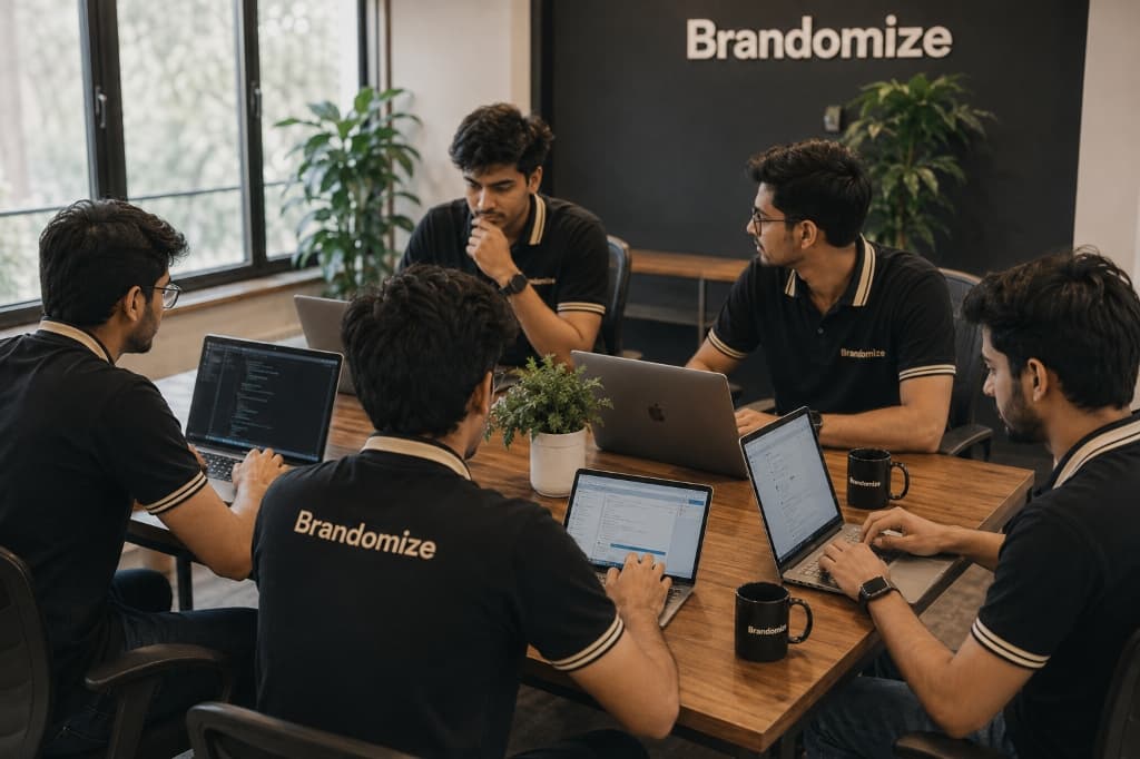 Brandomize office team working on web development, app engineering, and digital growth in Hisar