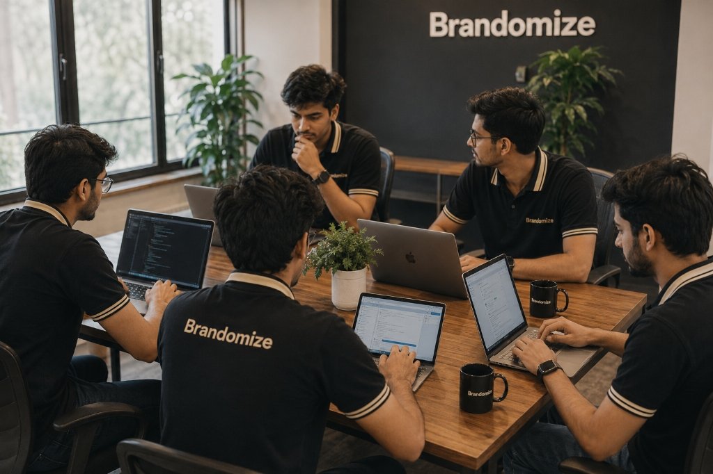 Brandomize office team working on web development, app engineering, and digital growth in Hisar